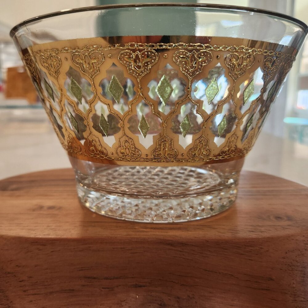 MCM Culver Valencia Glass Ice Bucket 22K Gold w/Green Diamond Filigree